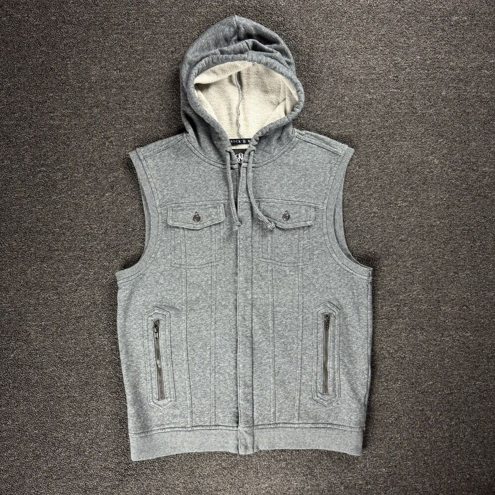 Rock & Republic Gray Hooded Sleeveless Vest Sweatshirt M Zipper Knit Y2K Grunge